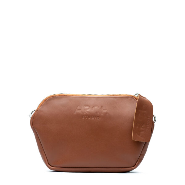 Small brown leather handbag Arch Rhomb Brown with embossed Archstudio logo and adjustable strap