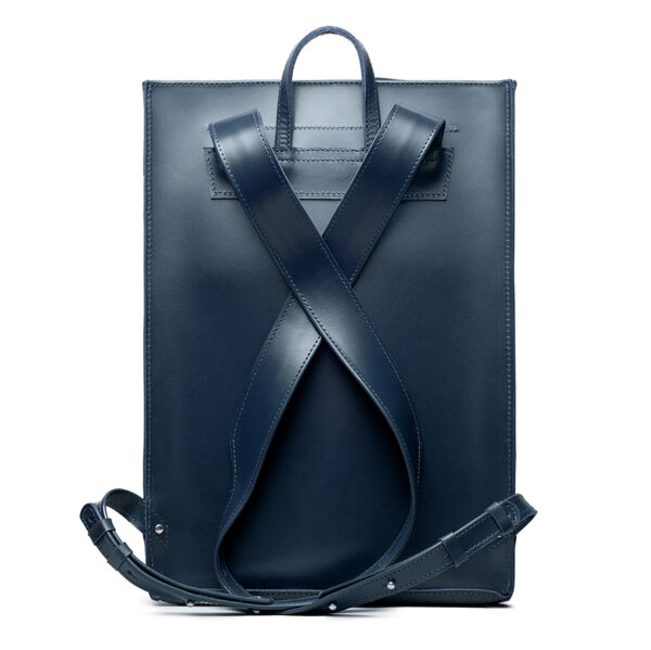 Minimalist navy leather backpack ARCH EDGE BACKPACK NAVY with a structured silhouette and adjustable straps.
